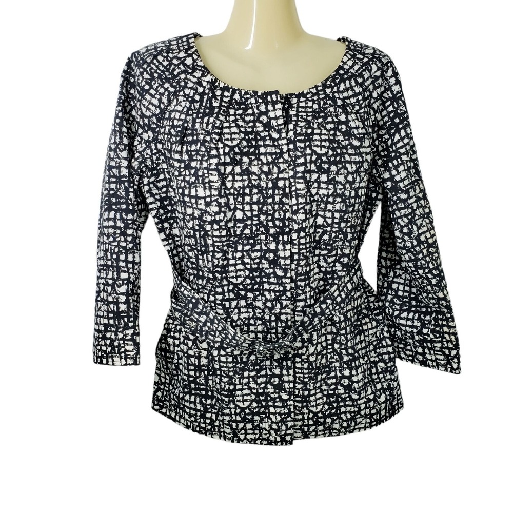 Lafayette 148 New York Jacket Womens 6 Black White Grid Print Belted Cotton